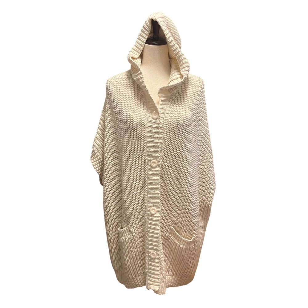 Aerie Cardigan Poncho Womens L/XL Cream Hooded Chunky Knit Button Front Coastal